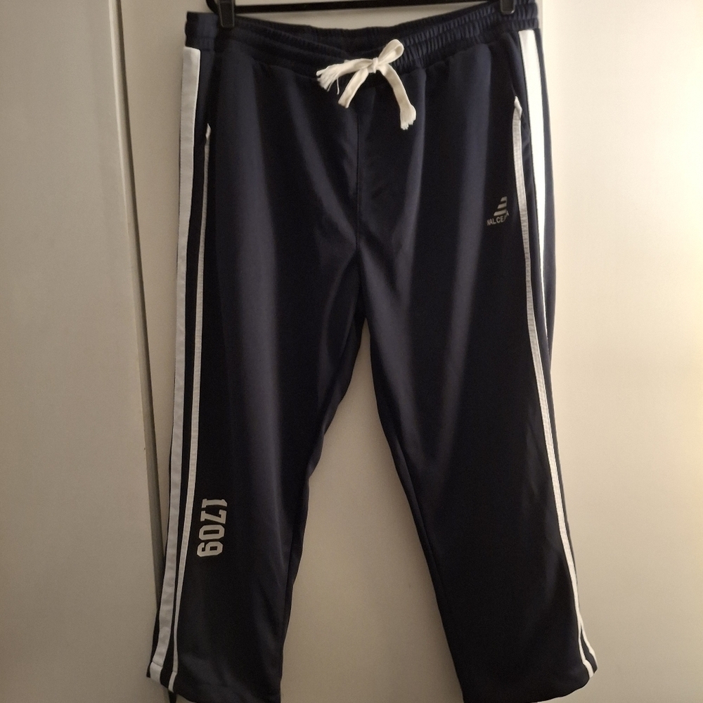 Navy Track Pants Men's with White Stripes And White Lettering